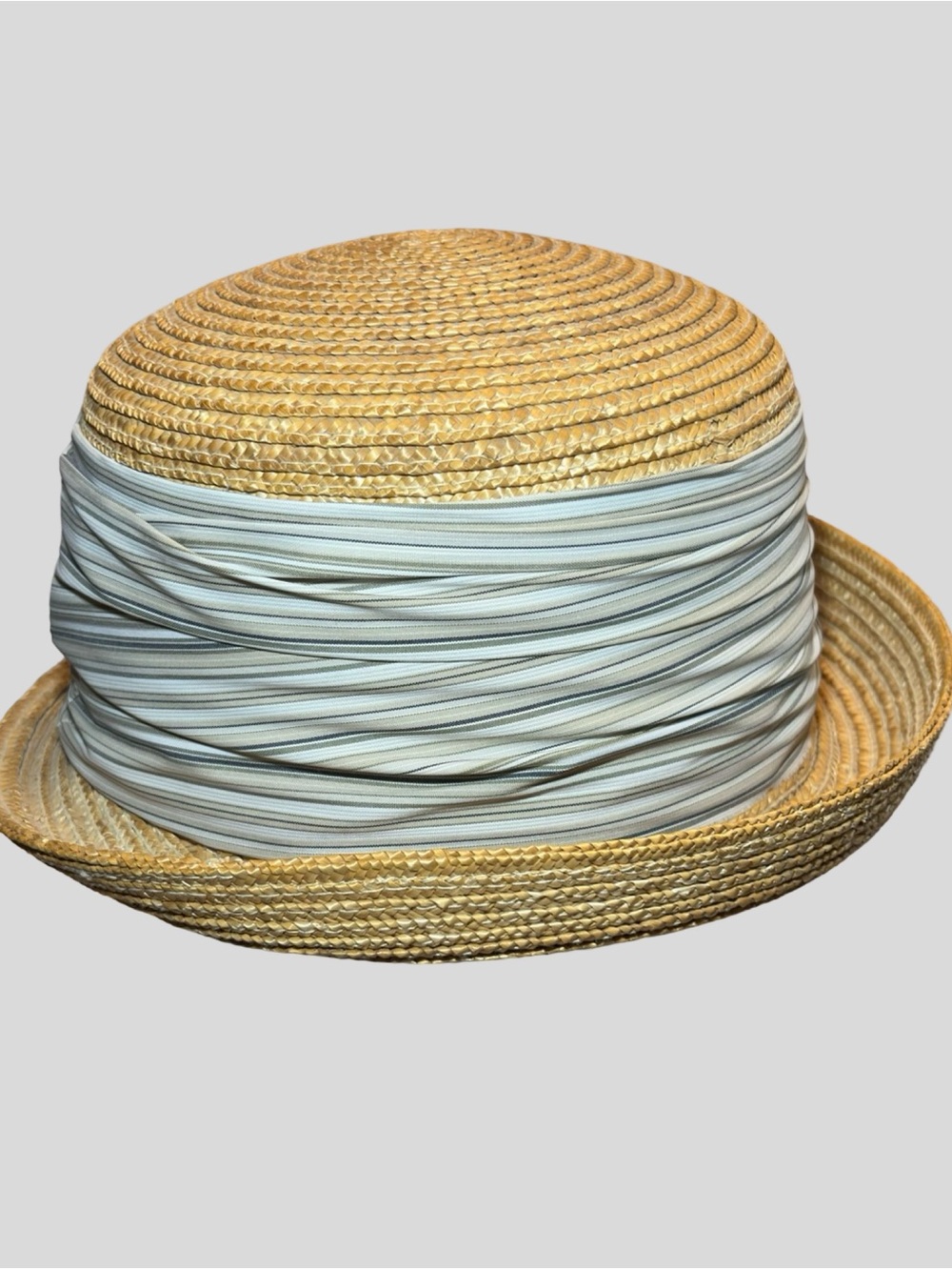 Betmar New York Vintage Straw Cloche Bowler Hat Striped Ban - Picture 13 of 16
